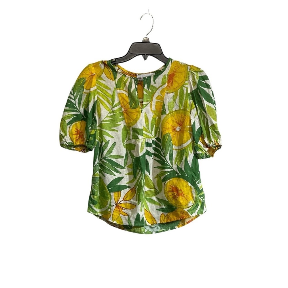 C&C Womens Blouse Sz XS Lemons Tropical Linen Blend Puff Sleeve Resort